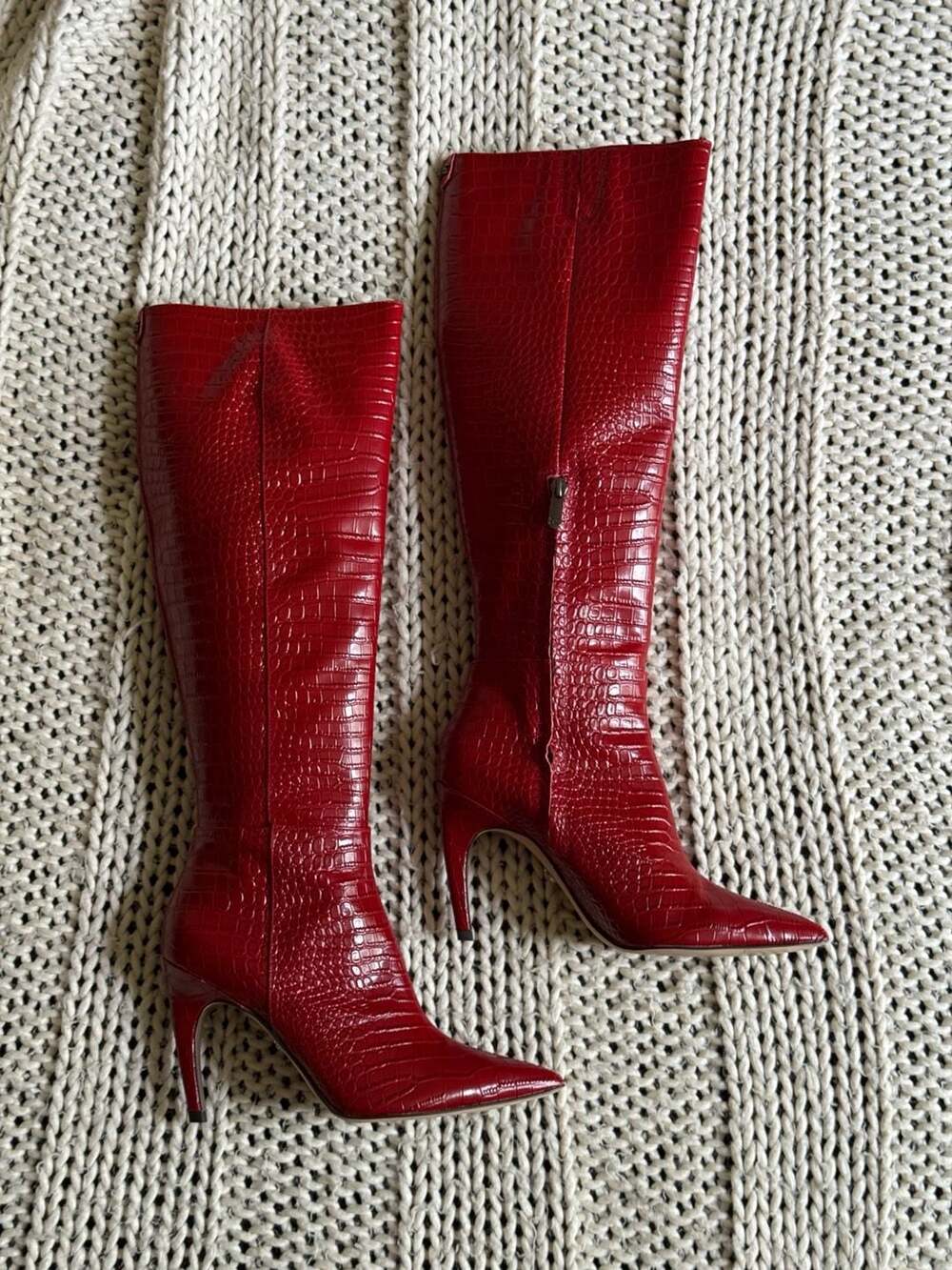 Sam Edelman Red Croc Embossed Pointed Toe Stiletto Tall Boots
